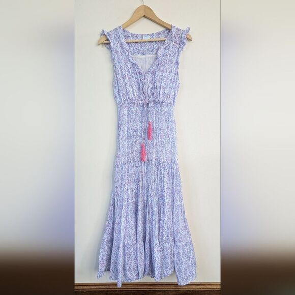 Mer St Barth Giselle Women's Midi Dress Navy Ikat Pink Flutter Sleeve V Neck M - Picture 1 of 12